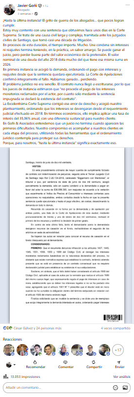 Publicación de Javier Goñi: Corte Suprema: fallo sobre intereses y reajustes