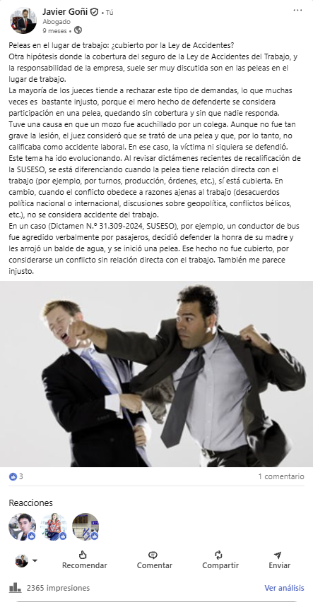 Publicación de Javier Goñi: Peleas en el lugar de trabajo, ¿cubierto por la Ley de Accidentes?