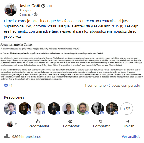 Publicación de Javier Goñi: El mejor consejo para litigar que he leído